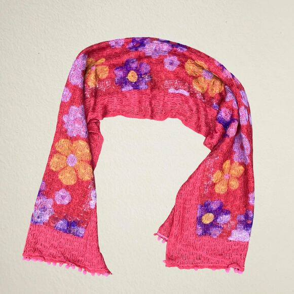 Pink floral scarf with pom pom trim, bohemian hippie retro boho chic Y2K groovy - Picture 2 of 9